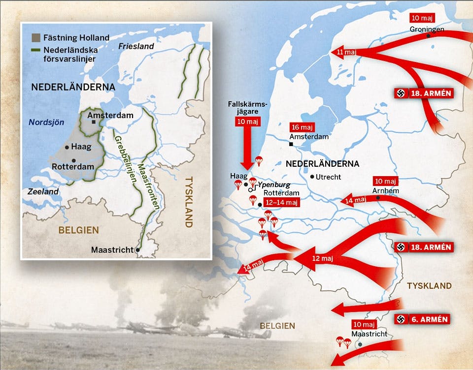 Anfallet mot Nederländerna 1940. Slagkarta över invasionens förlopp.