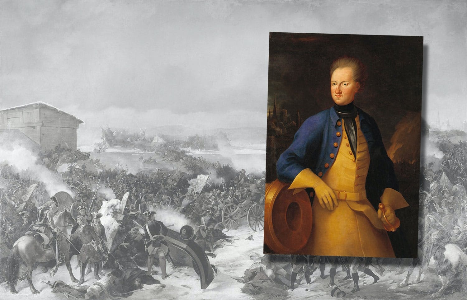 Porträtt på Karl XII med målning av slaget vid Narva 1700 i bakgrunden.