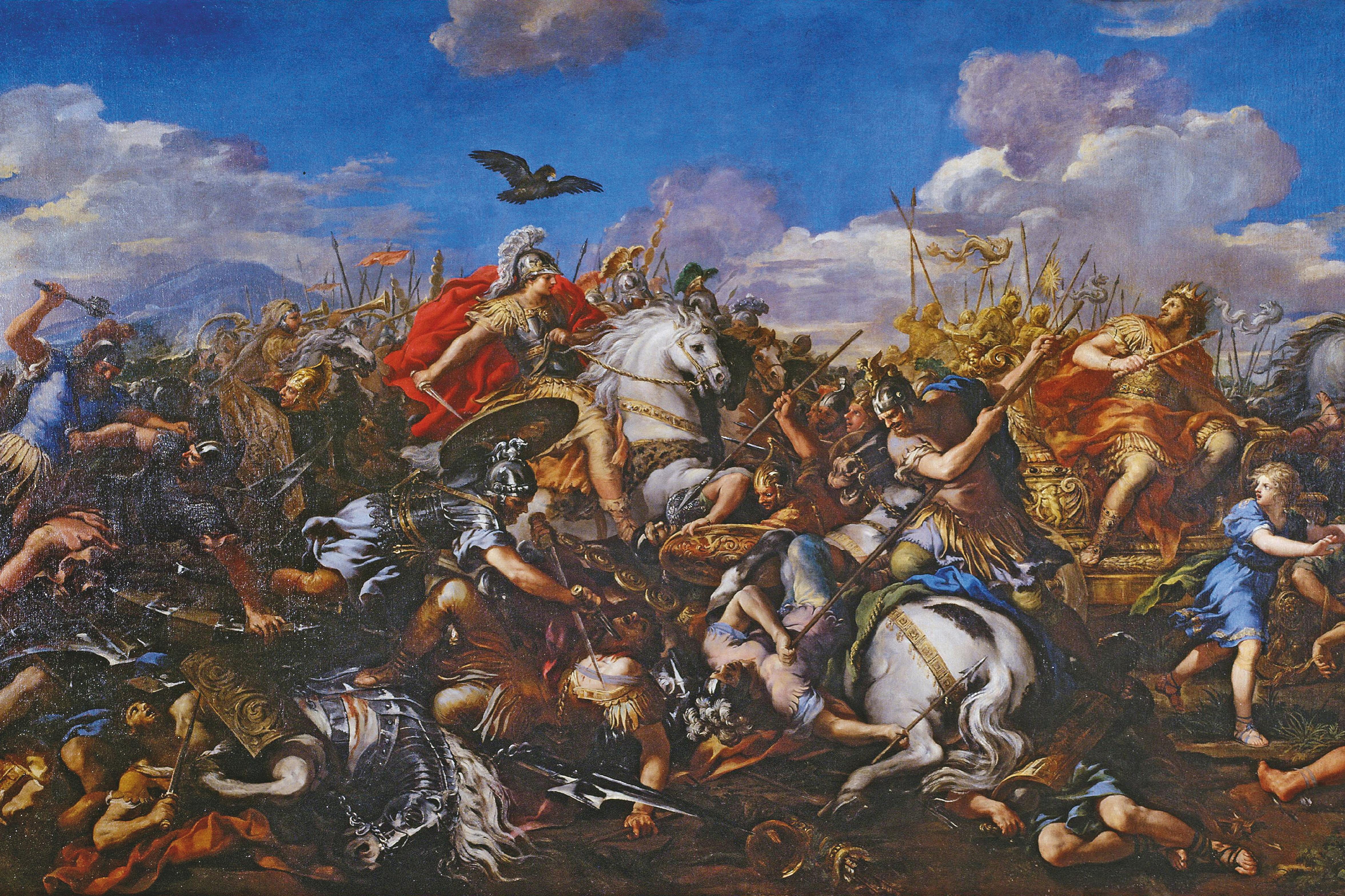 Alexander den store besegrar persernas kung Dareios III i slaget vid Issos 333 f Kr, skildrat på en 1600-talsmålning.