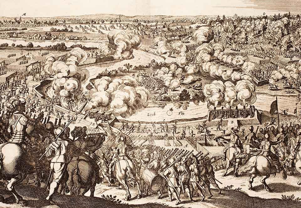 Finskt kavalleri korsar floden Lech i slaget vid Rain 1632,