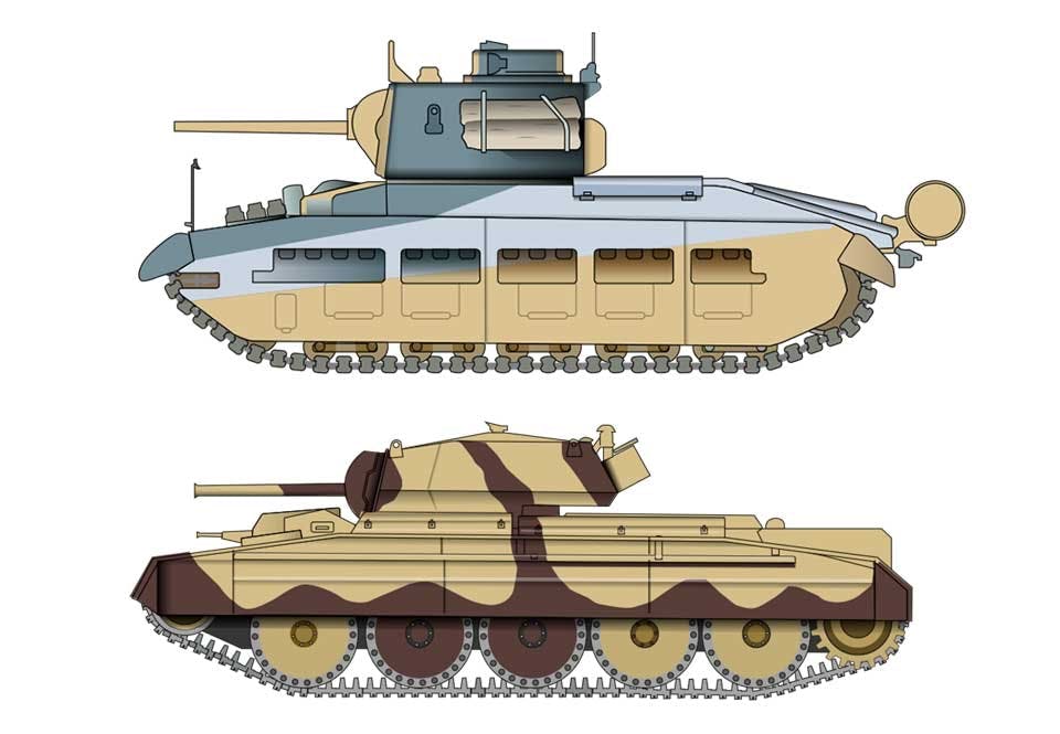 kamouflage1 Matilda Mk III i Libyen 2941 och Crusader Mk I i Egypten 1942.