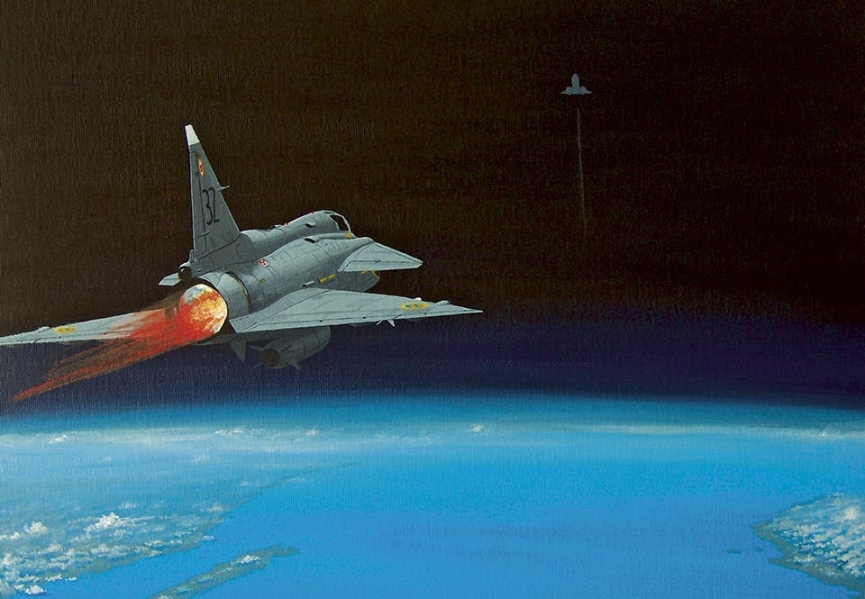 En JA 37 Viggen möter en SR-71:a i den internationella luftkorridoren över Östersjön mellan Öland och Gotland.