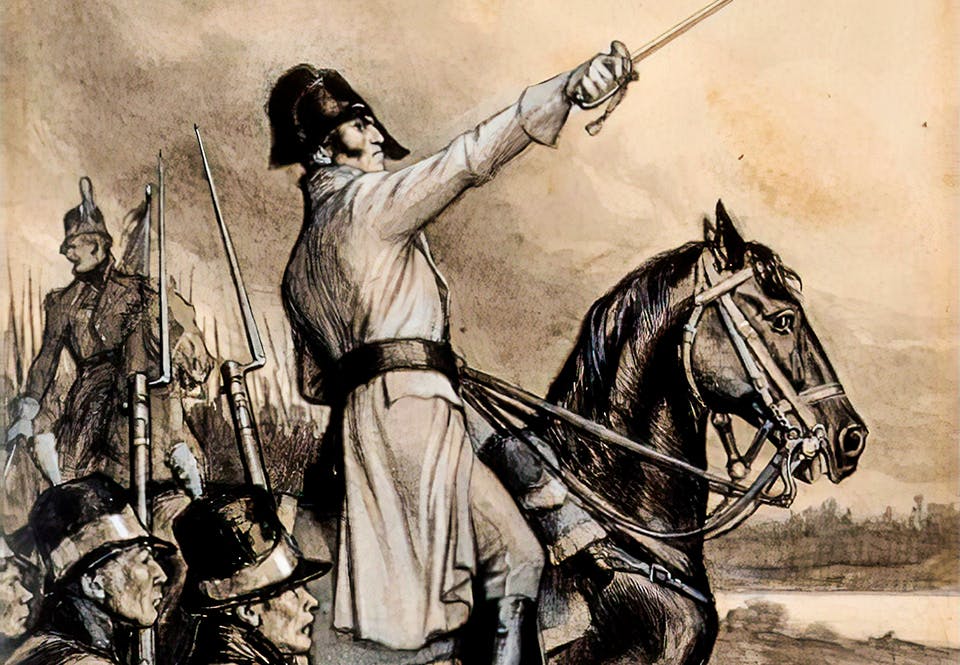 Heroiserande avbildning av von Döbeln till häst vid Jutas.