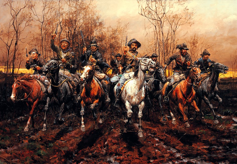 Bushwhackers från Missouri rider till anfall med dragna vapen.