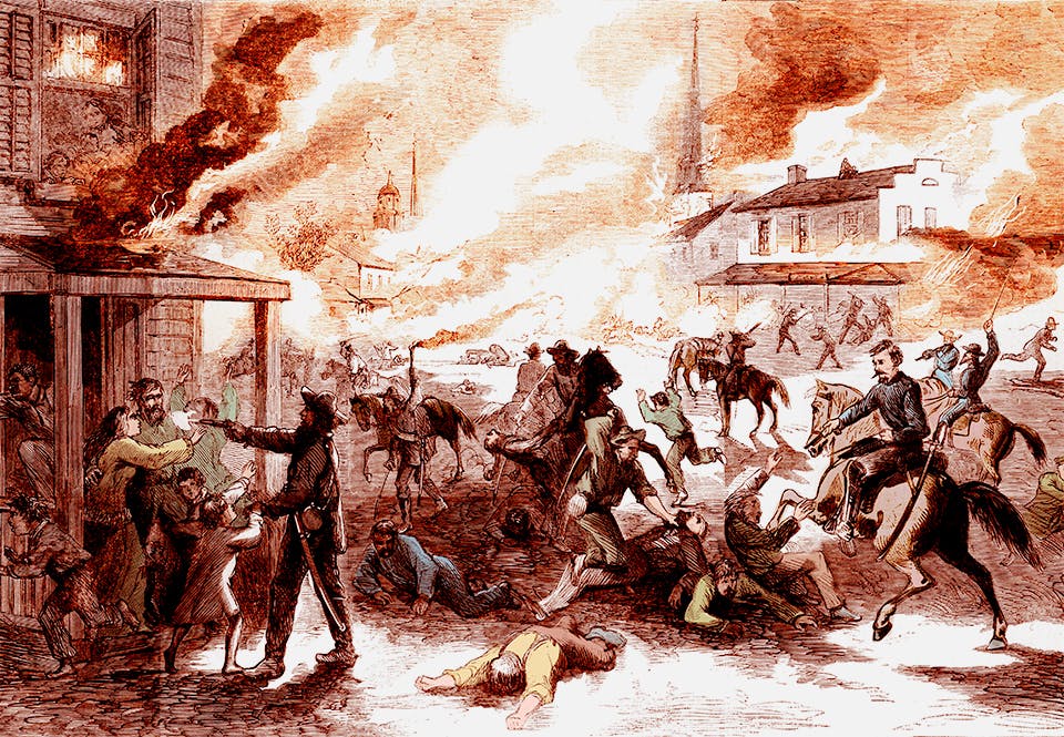 Bushwhackers genomför en massaker på befolkningen i Lawrence, Kansas