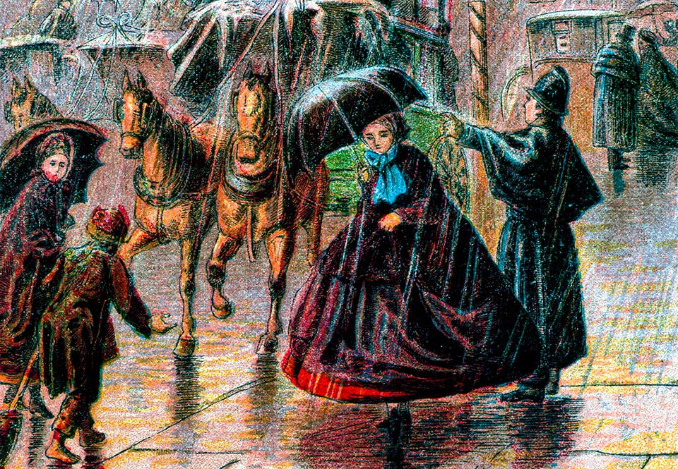 plast regnrock Polis i en Mackintosh-regnrock dirigerar trafiken i London 1869.