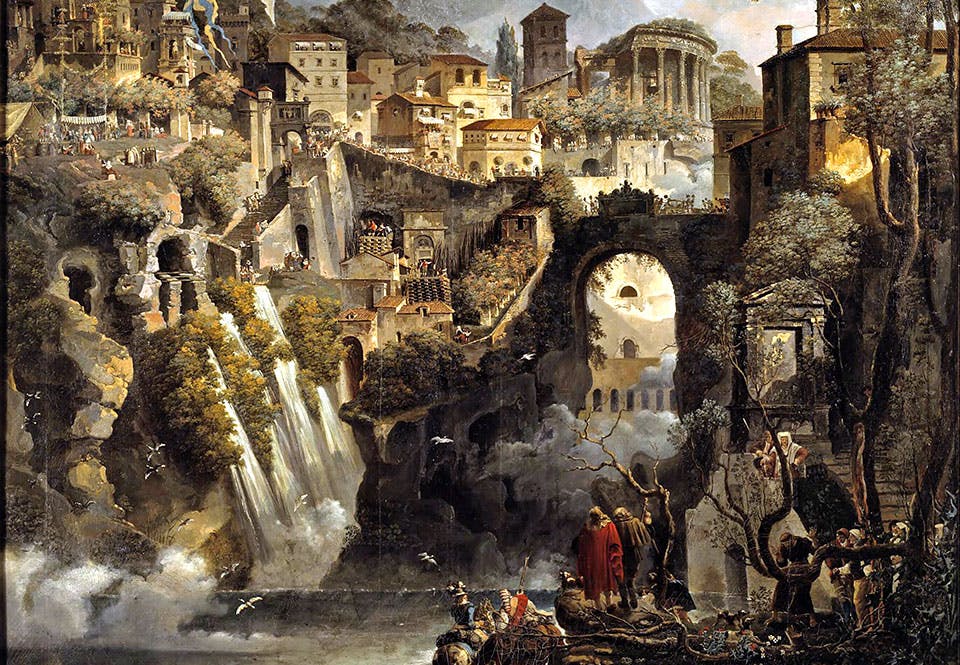Målning av Louis Jean Desprez som visar hur folket i Tivoli, några mil nordost om Rom