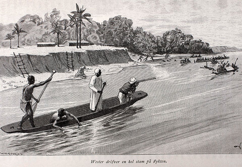 Illustration visar hur Wester öppnar eld mot några av dess kanoter.