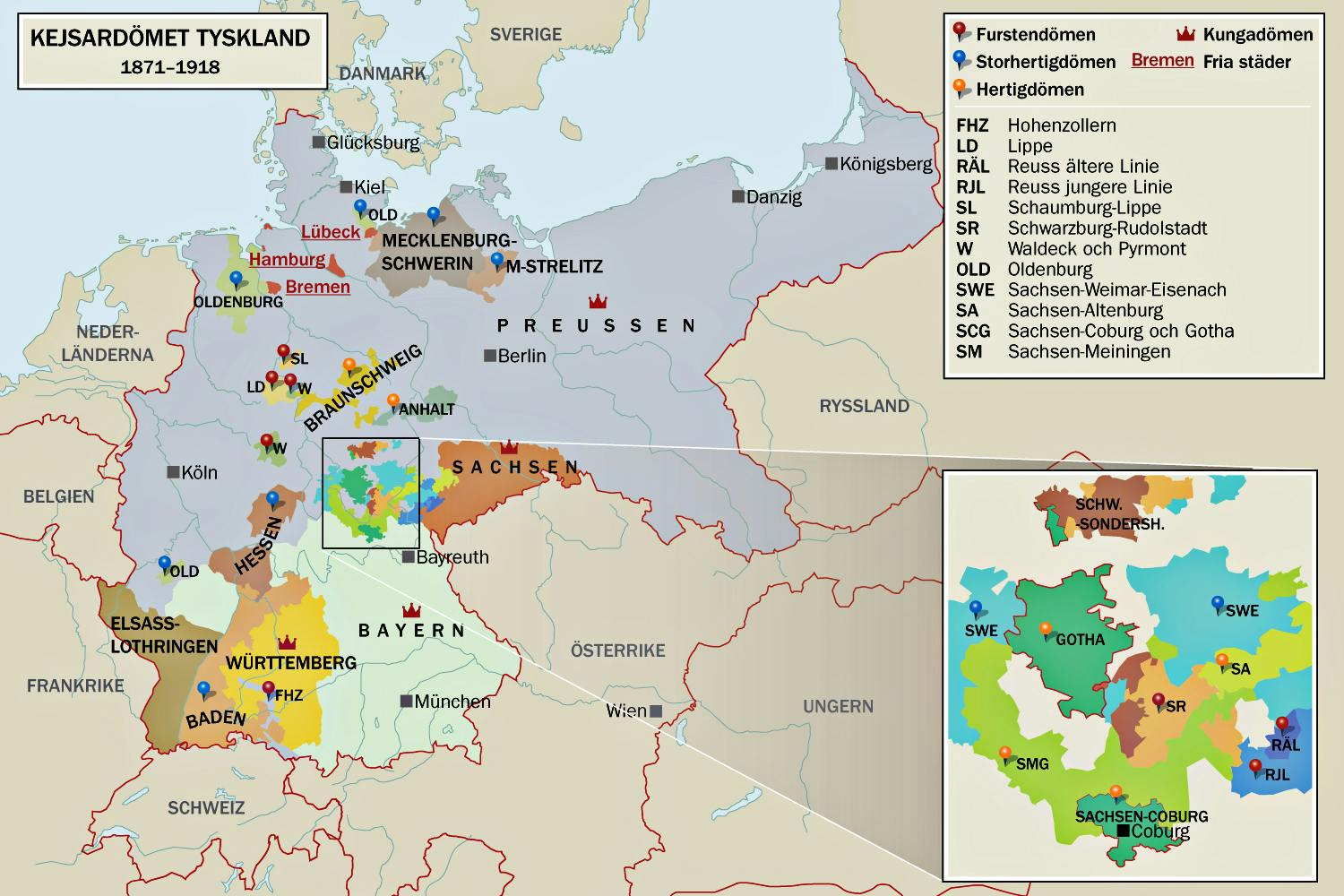 Det lilla mörkgröna området längst ned i utsnittet av det tyska kejsardömet är hertigdömet Sachsen-Coburg och Gotha.