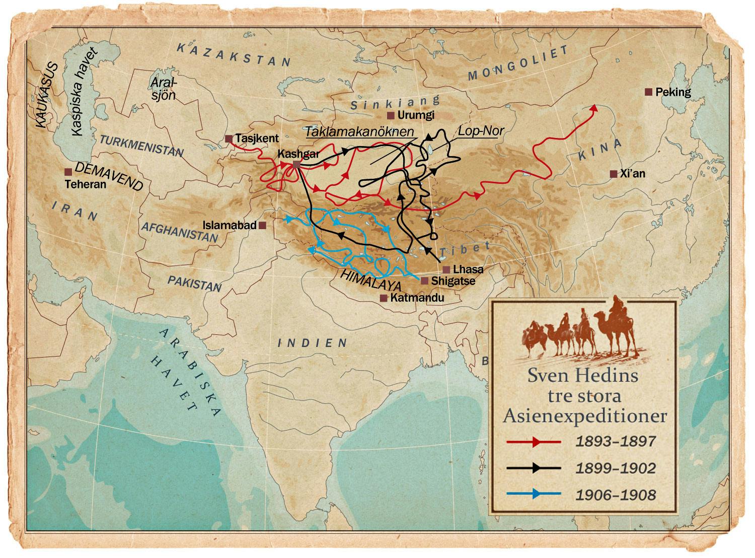 Karta över Sven Hedins tre stora expeditioner i Centralasien.