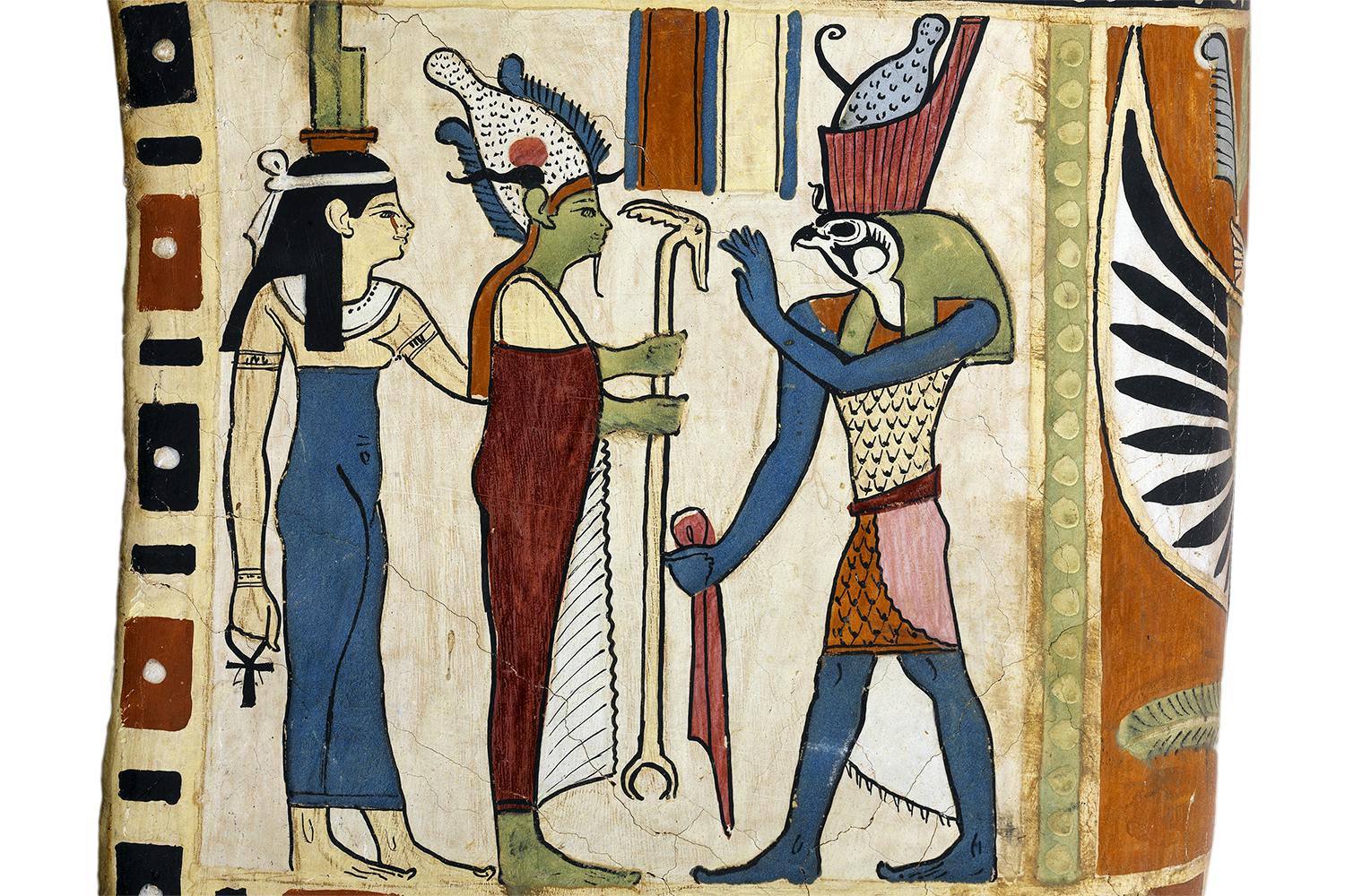 De egyptiska gudarna Isis och Osiris med sonen Horus.