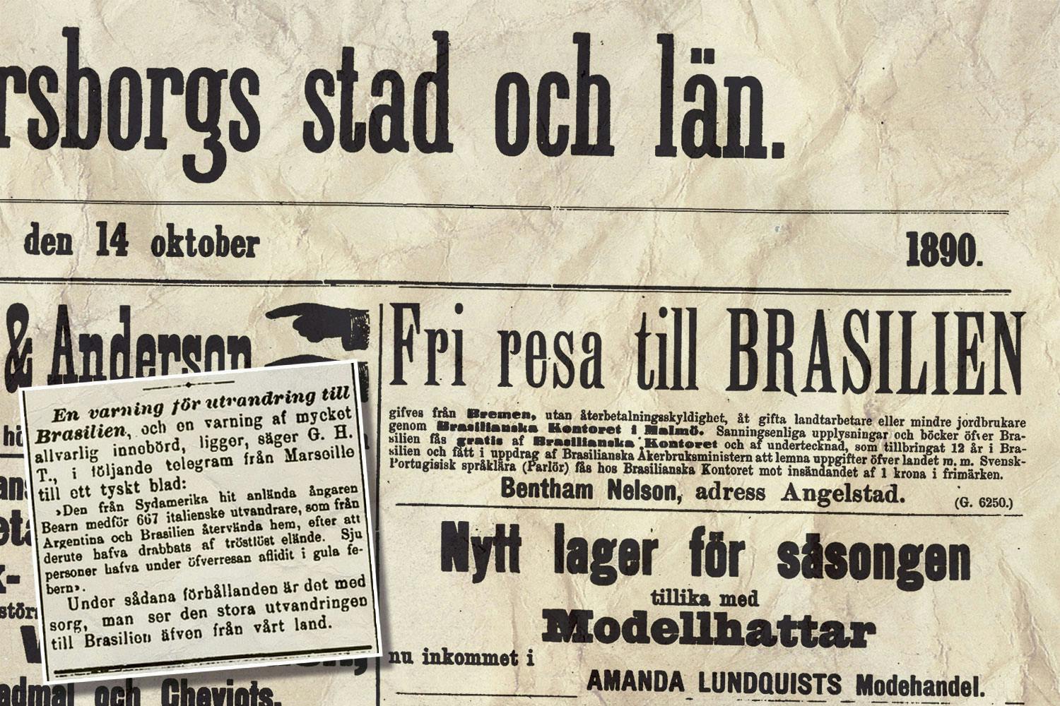 Tidningsklipp från 1890 och 1891 om att utvandra till Brasilien.