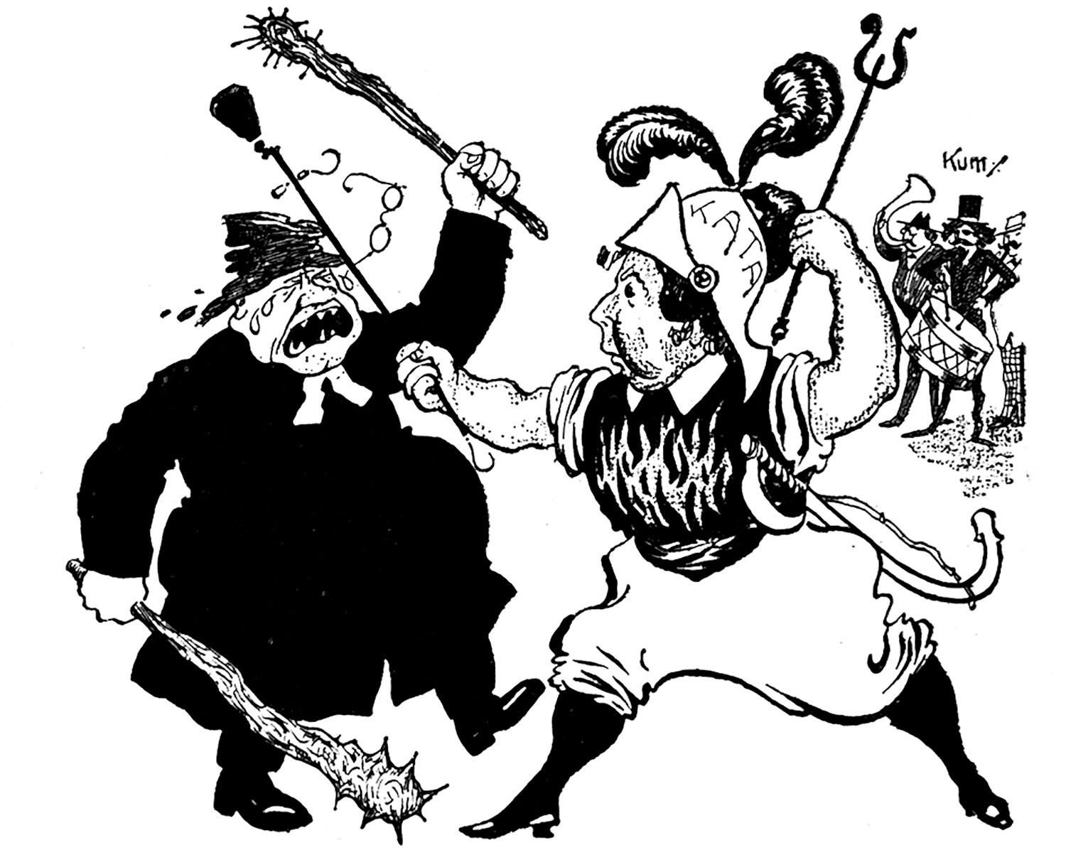 Kata Dalström och David Grankvist avbildade i den satiriska tidskriften Karbasen.