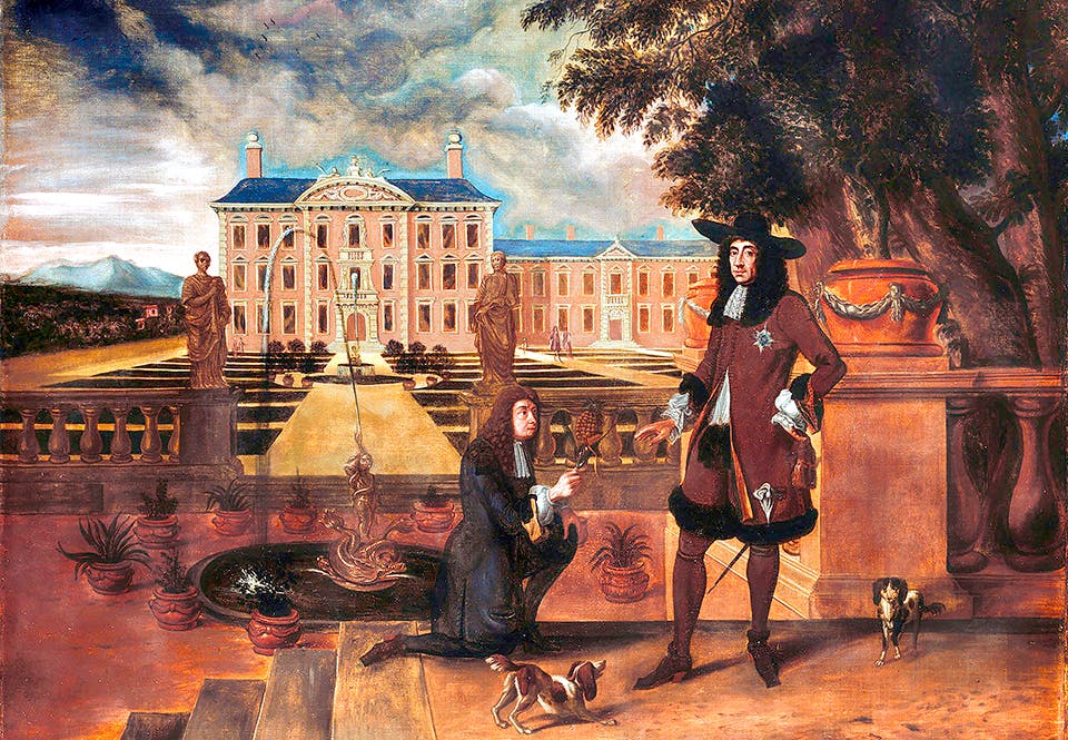 Trädgårdsmästaren John Rose överräcker den första ananas som lär ha odlats i England till kung Karl II Trädgårdsmästaren John Rose överräcker den första ananas som lär ha odlats i England till kung Karl II