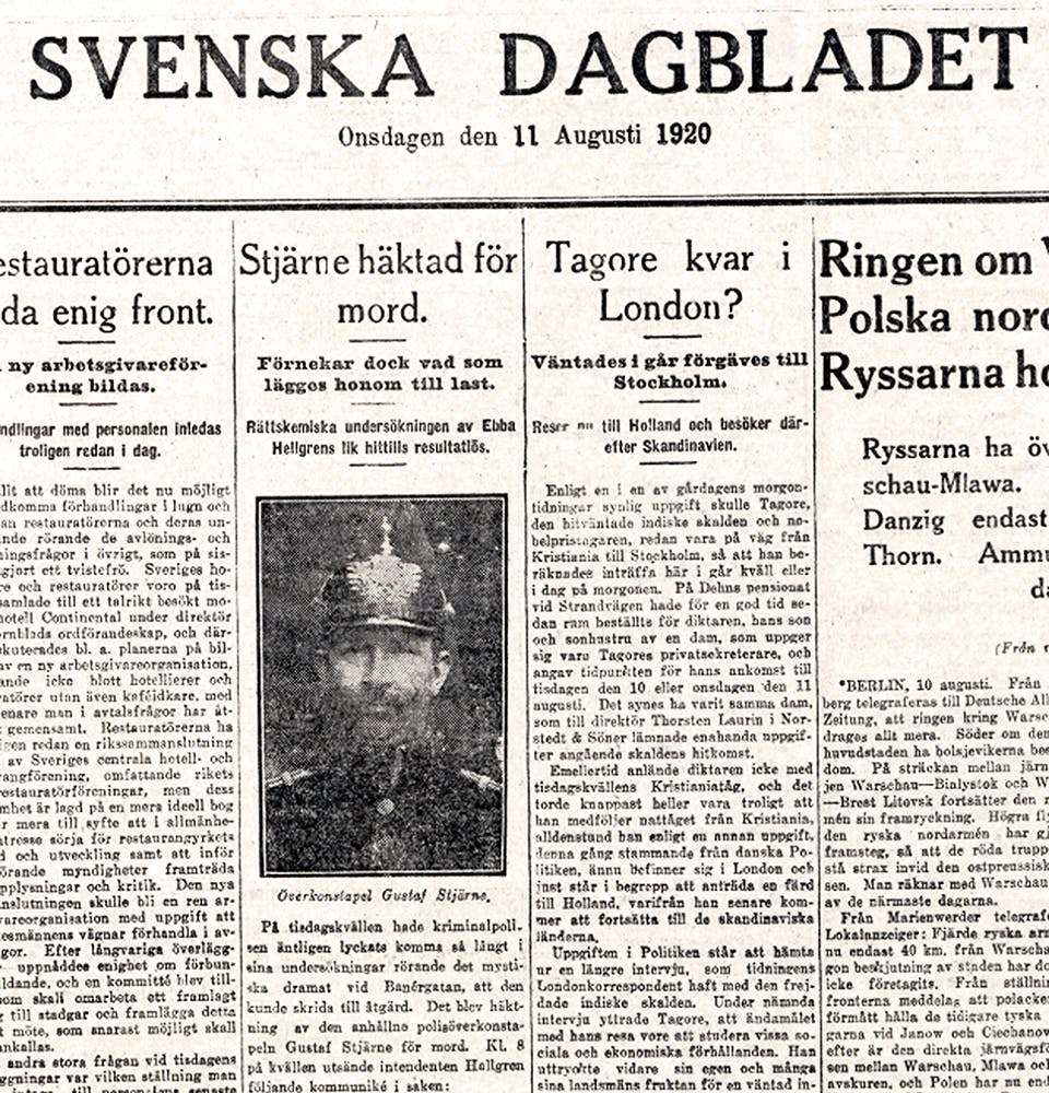 Svenska Dagbladets förstasida från den 11 augusti 1920, med rubriken »Stjärne häktad för mord«.