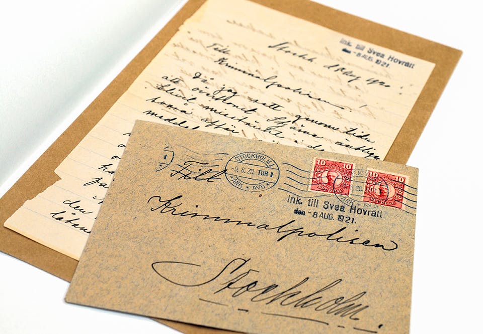 Brev från »Olycklig kvinna« till kriminalpolisen från 8 augusti 1920.
