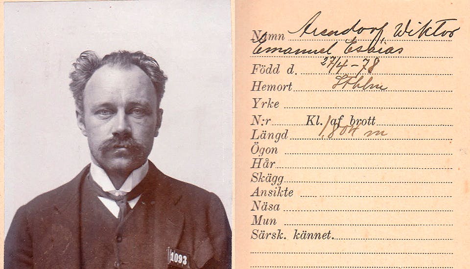 Polisens signalementsfotografi av författaren och anarkisten Victor Arendorff,