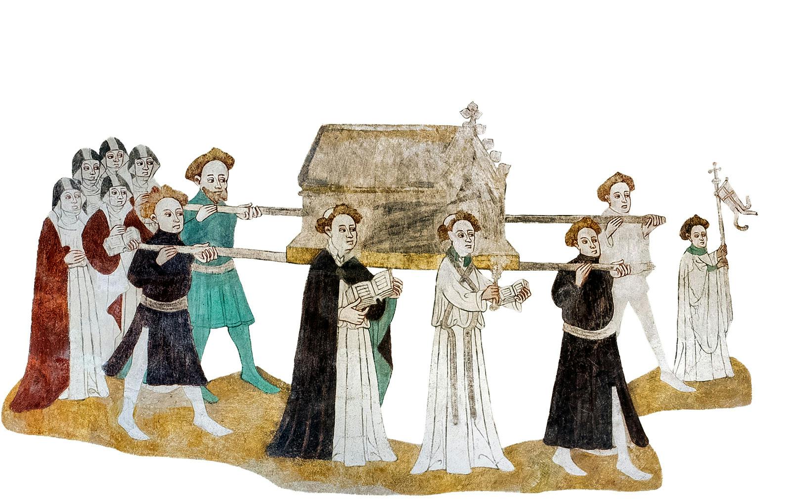 Birgittas kvarlevor förs i procession från Rom till Vadstena. Målning i Tensta kyrka.