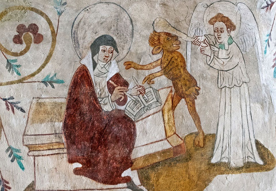 Kalkmålning från Tensta kyrka i Uppland som visar hur djävulen försöker ge Birgitta falska visioner.