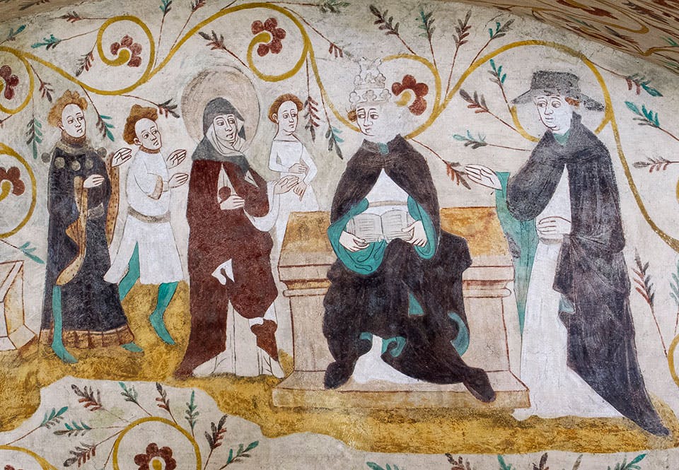 Vägg­målning från Tensta kyrka där heliga Birgitta besöker påven Urban V tillsammans med sina barn Katarina, Birger och Karl.