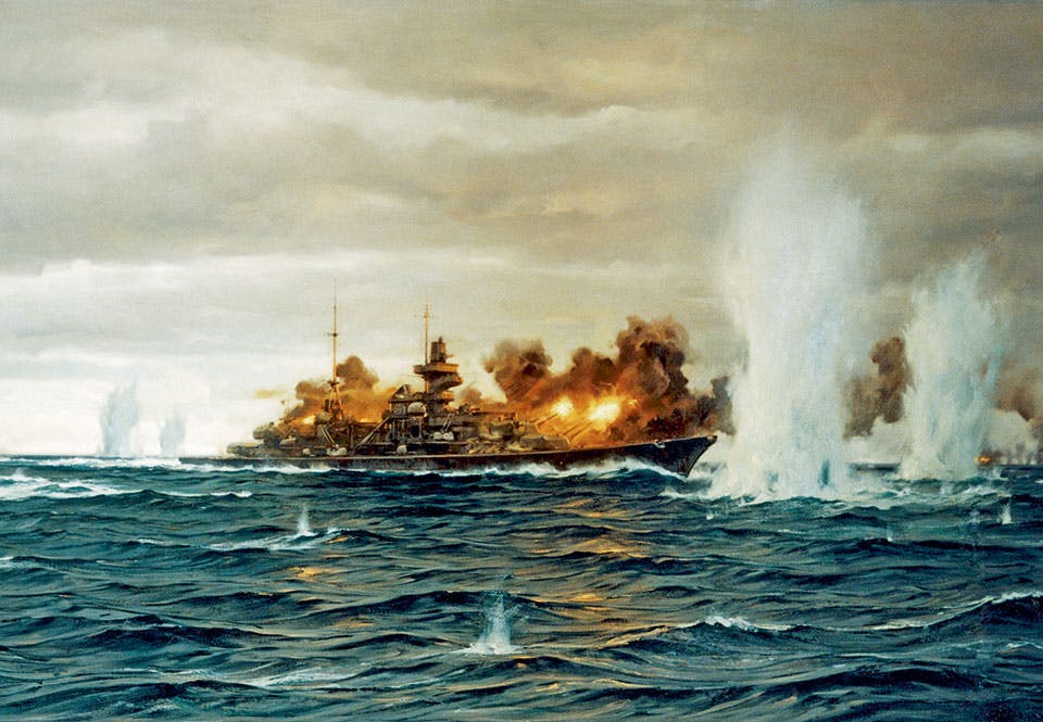 Den tunga tyska kryssaren Prinz Eugen i strid med HMS Hood i Danmarkssunde