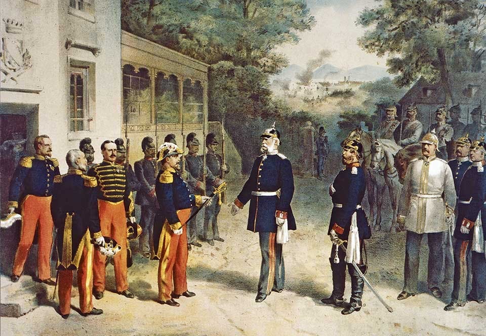 Napoleon III överlämnar sin värja till Wilhelm I vid kapitulationen.