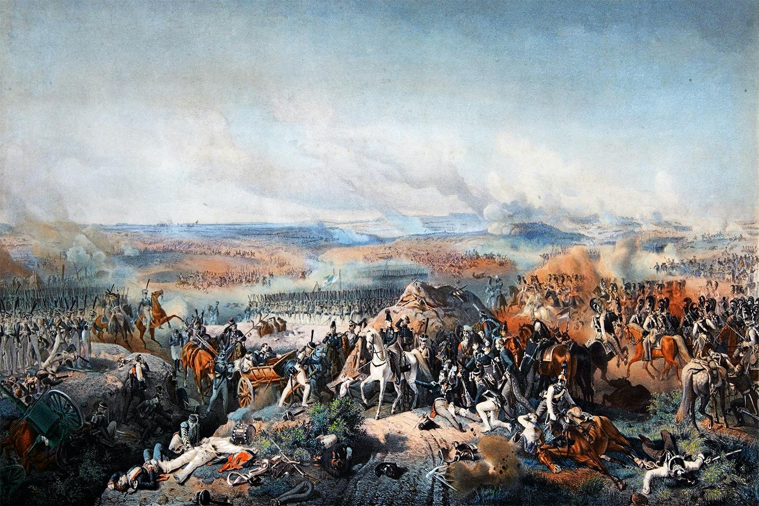 Stridsscen slaget vid Borodino 1812 mellan Napoleon och Kutuzov.