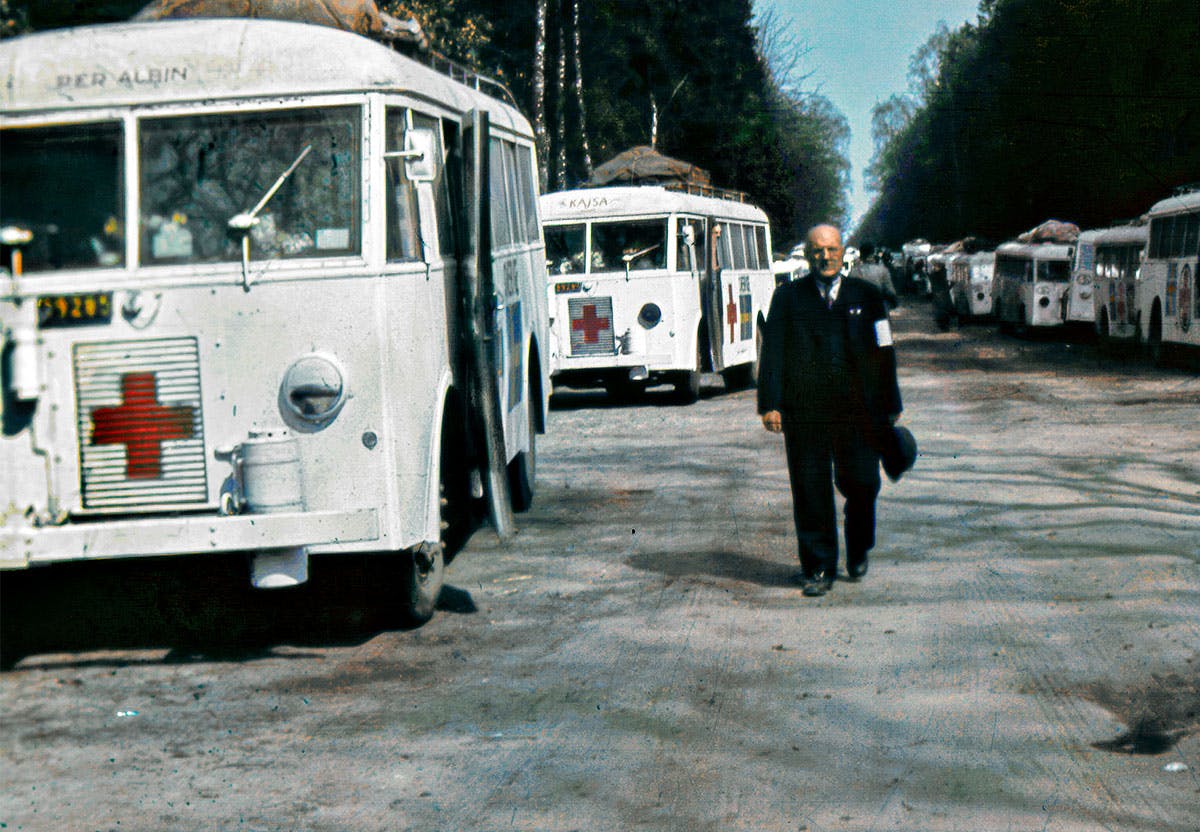 Folke Bernadotte och Röda korsets vita bussar räddar fångar 1945.