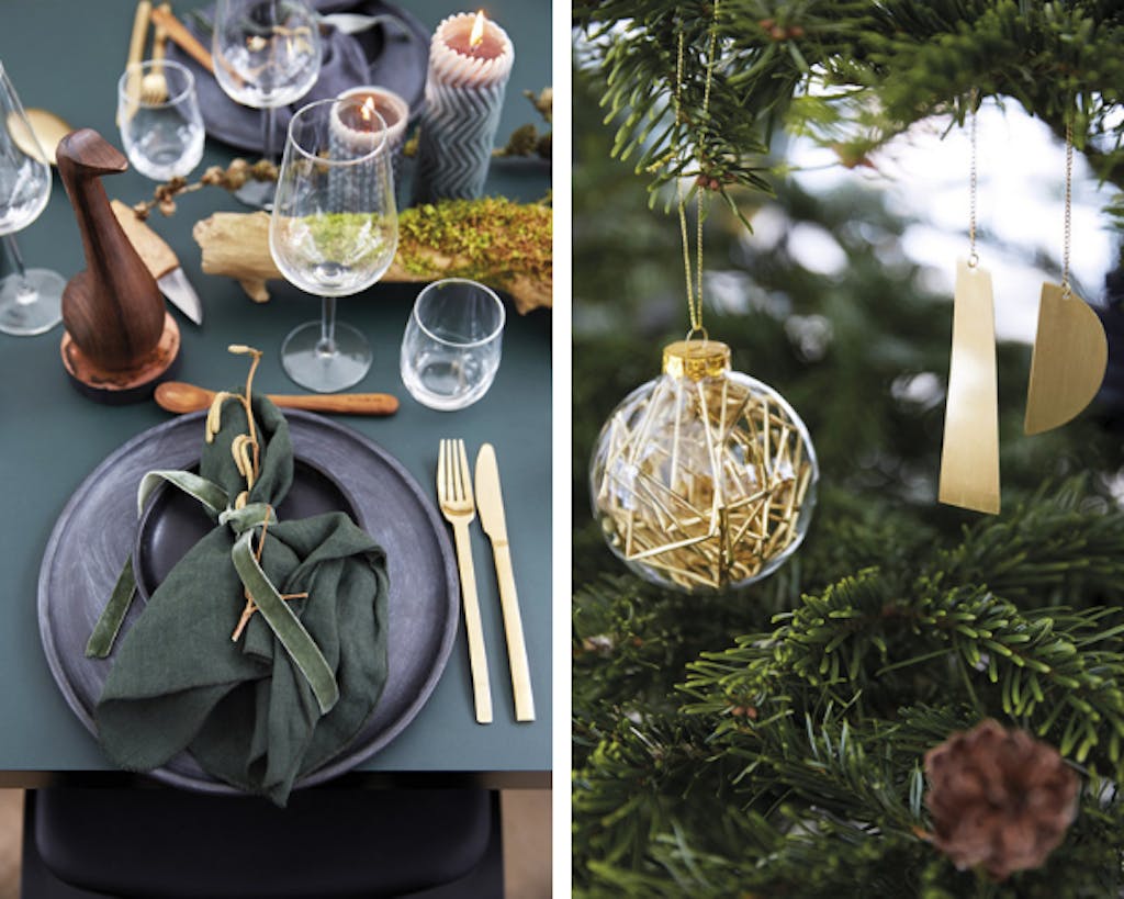 Het stijlgevoel van het stel blijkt uit de kersttafel in donkere tinten.