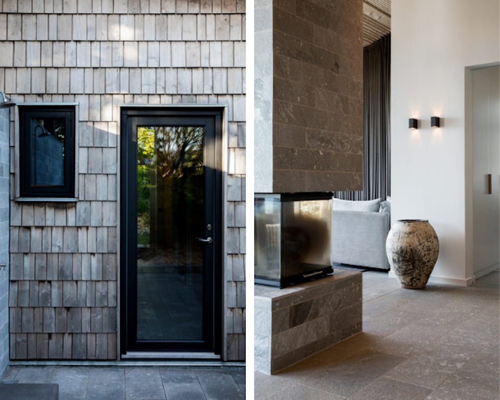 Binnen en buiten vormen een eenheid. De grijs-verweerde tint van het hout sluit naadloos aan op het kwartsiet binnen. 