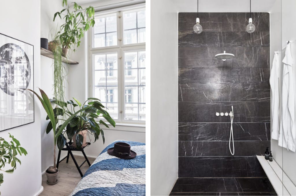 Door het hele appartement zijn er planten, en overal zijn de kleuren simpel, maar met warmte. 