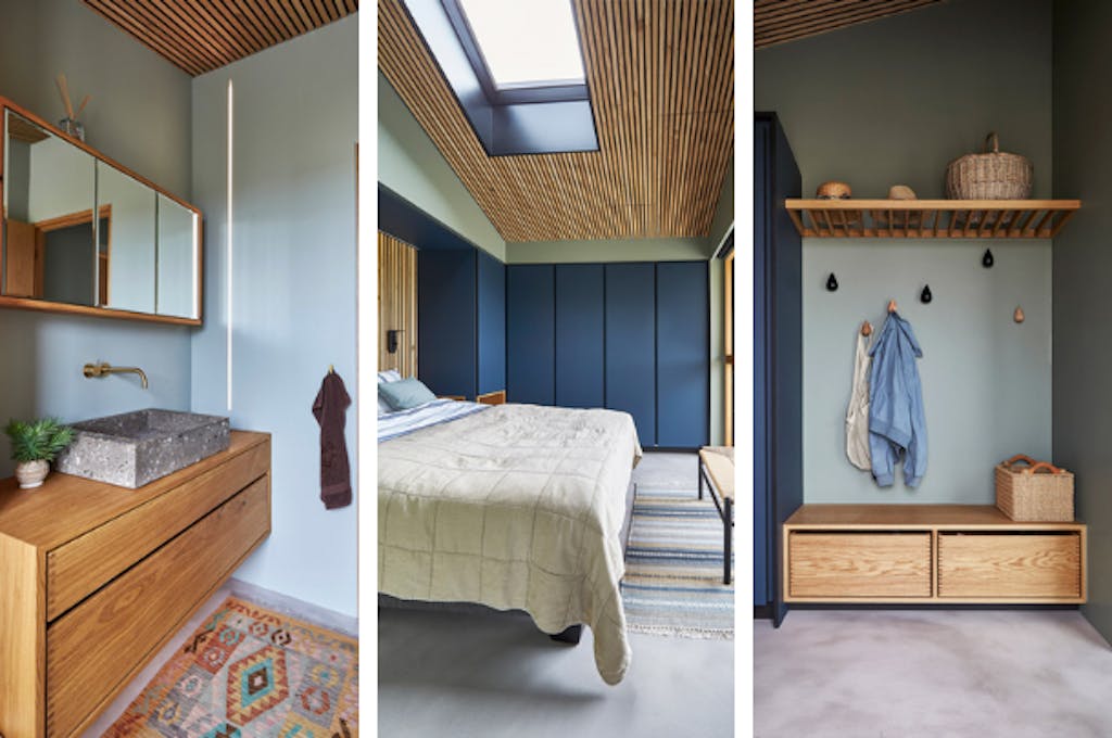 De houten lamellen aan het plafond en achter het bed geven een mooi visueel effect en dempen het geluid in de verschillende ruimtes.