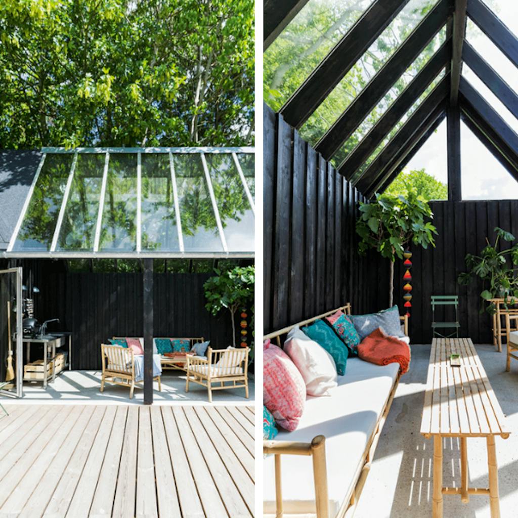 Overdekt terras met buitenkeuken in scandinavische stijl collage