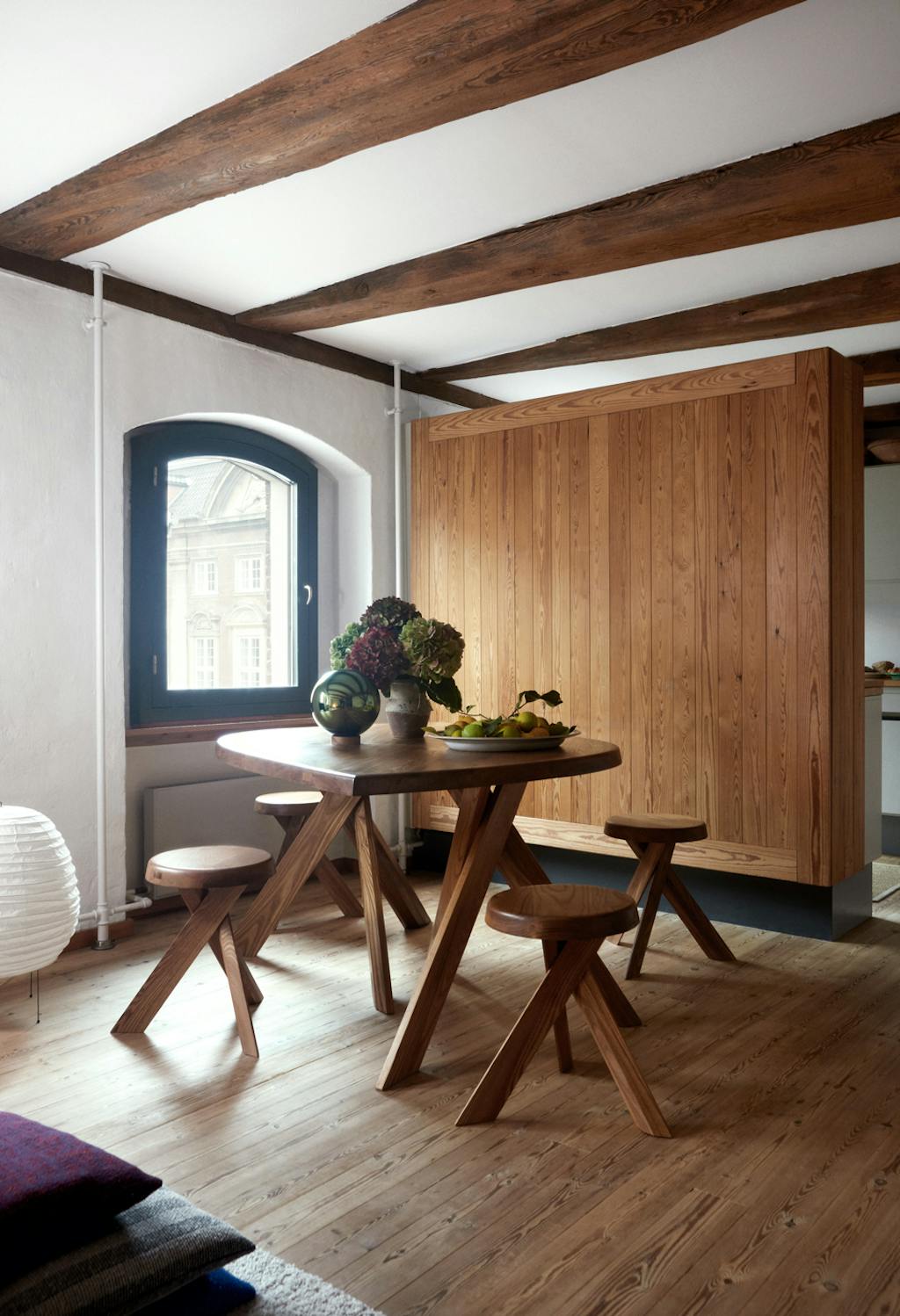 Pierre Chapo table and stools with decorative flowers