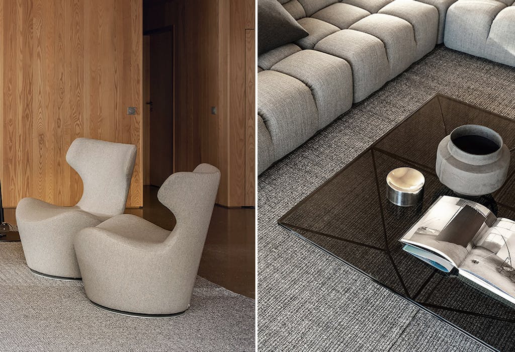 De kleuren geven het interieur een naturelle sfeer, die goed samengaat met de natuur rondom het huis. 