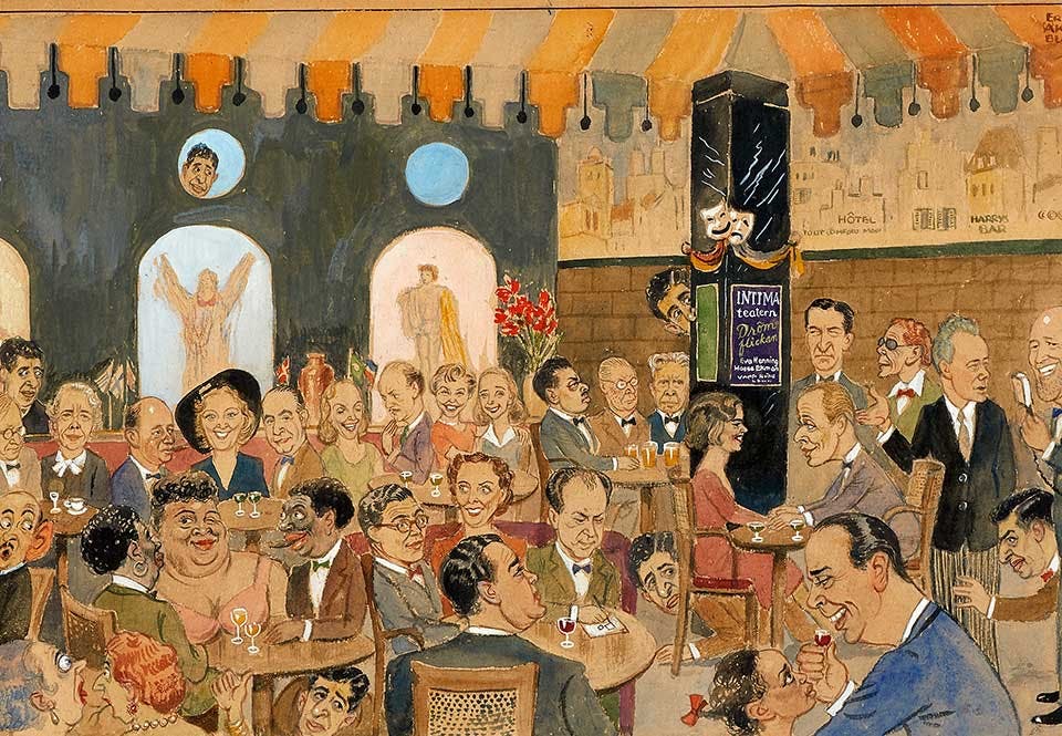 I en målning som pryder en vägg på Teatergrillen har Ernst Åkerbladh porträtterat flera av den tidens kända svenskar, som skådespelarna Sture Lagerwall och Inga Tidblad.
