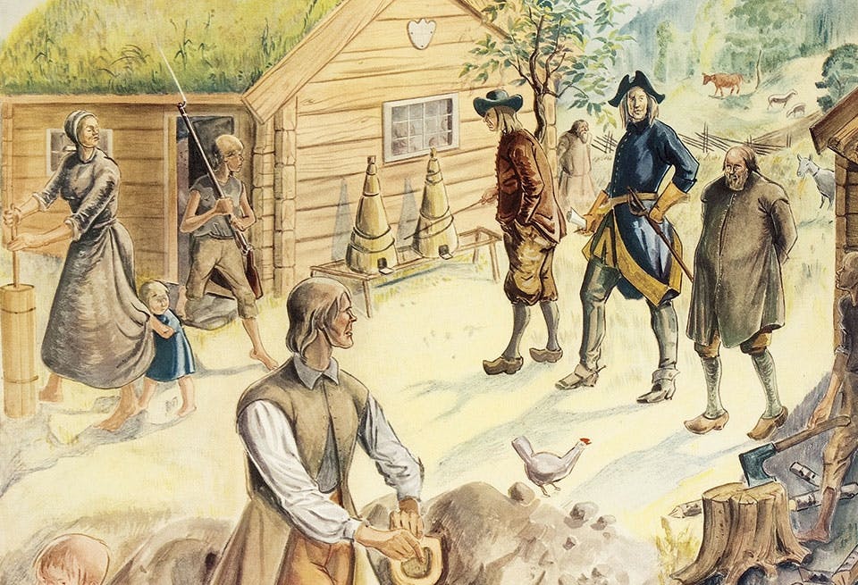 Svenska bönder iakttar soldater som vandrar i byn.