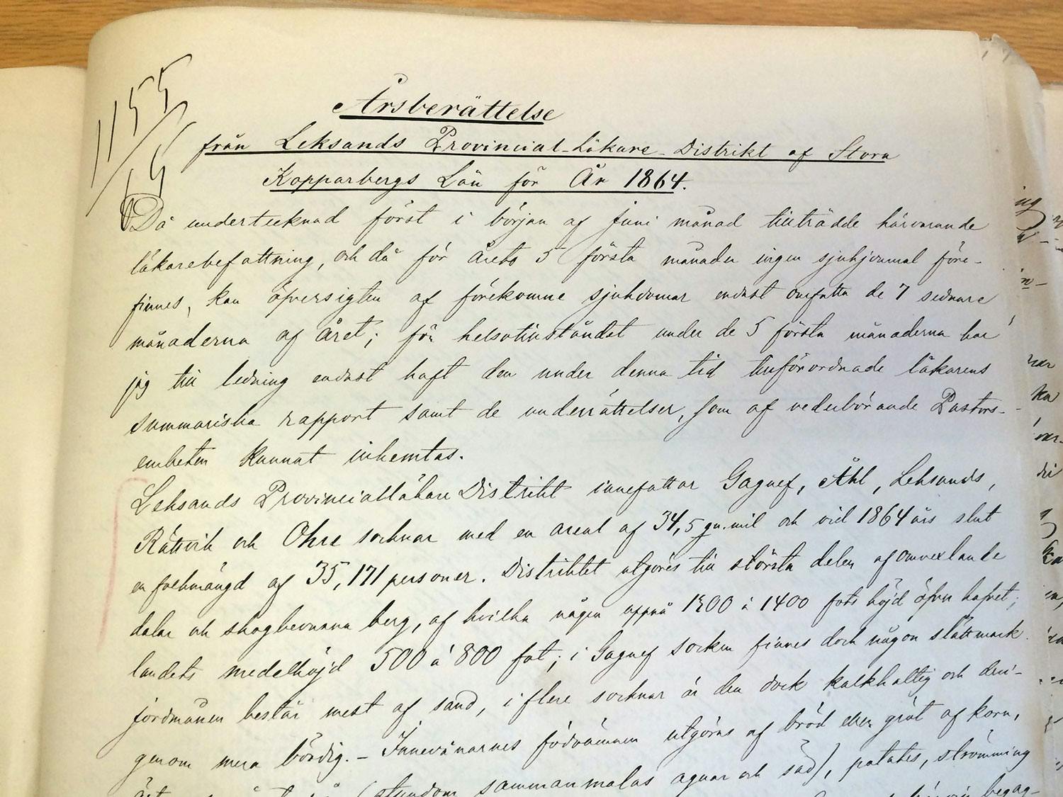 Faksimil från Leksands provinsialläkares årsberättelse 1864.