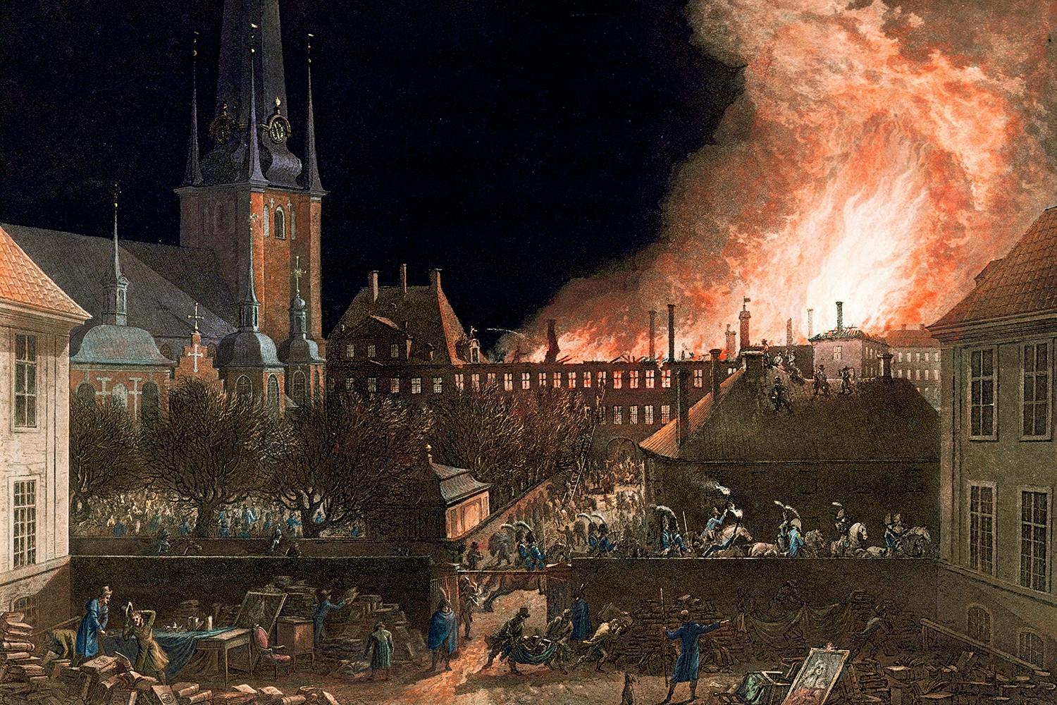 Storbrand på Riddarholmen i Stockholm år 1802. Cruuska palatset i lågor.
