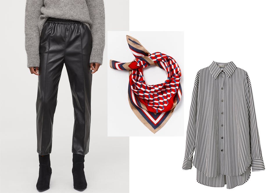 Imitert skinnbukse fra H&M skjerf fra Lindex oversized stripete skjorte fra Acne