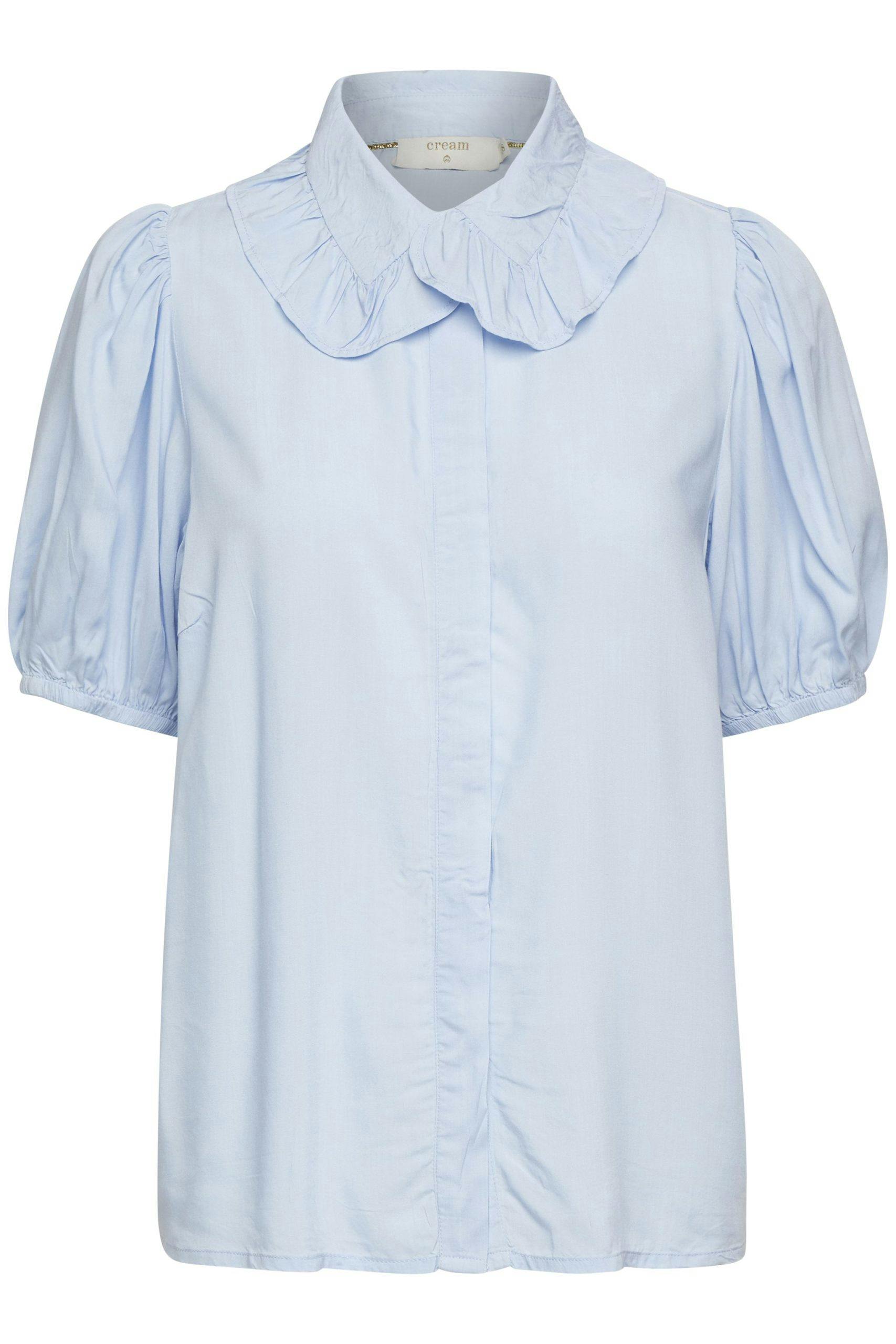 Cream blå skjorte korte ermer rysjer