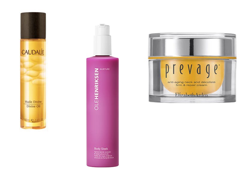 Caudalies Divine Oil, Ole Henriksens Nurture Body Sleek og Elizabeth Ardens Prevage Anti-Aging Neck And Décolleté Firm & Repair Cream.
