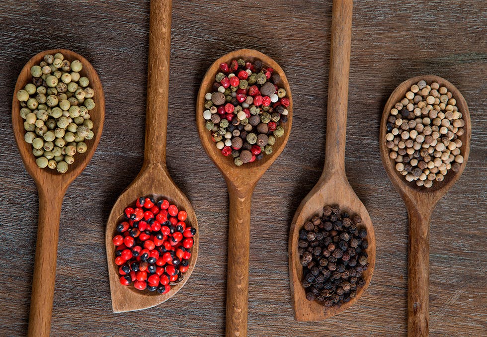 Grønn pepper, spansk pepper, sort pepper, hvit pepper i treskjeer. 