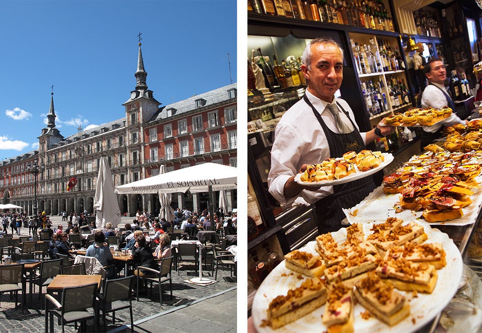Torg med fortausrestaurant i Madrid og servitør på kafe i Madrid. 