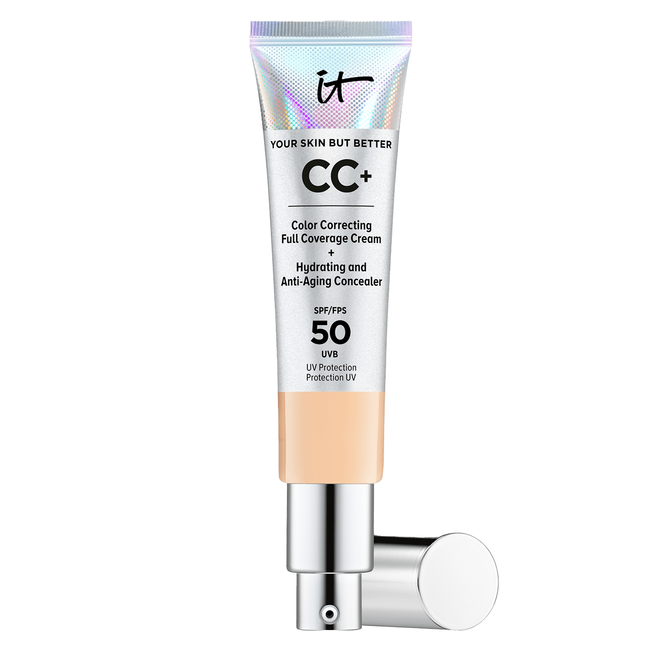 itc liquid foundation cc cream spf50 light medium boosted full size cap on side 000 3605971979262 front IT COSMETICS, Your Skin But Better CC+ SPF50+, 32 ml, 485 kr