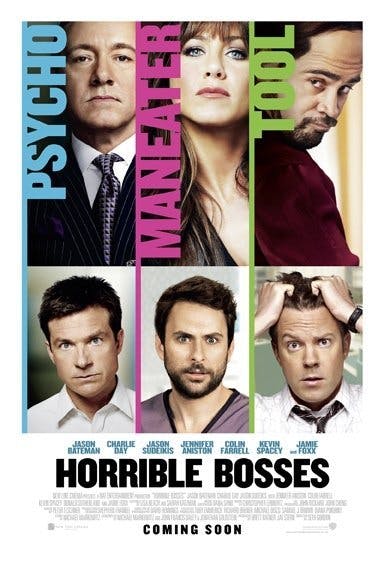 mv5bnzyxndi5njc5nf5bml5banbnxkftztcwmduxode1nq v1 Horrible Bosses film Jennifer Aniston, Jason Bateman, Jason Sudeikis og Charlie Day.