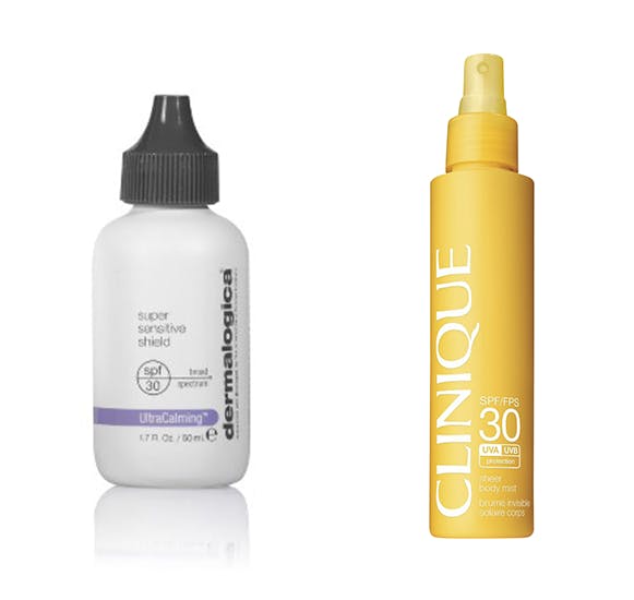 Dermalogicas Super Sensitive Shield spf 30 og Cliniques Body Spray spf 30.