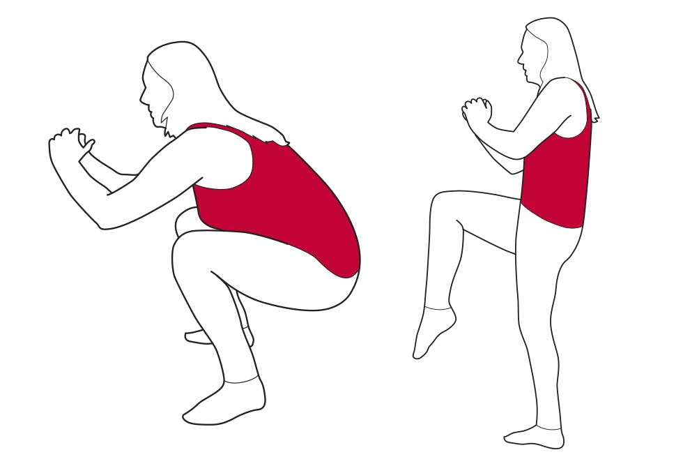 Knebøy med kneløft styrketrening knebøy øvelse