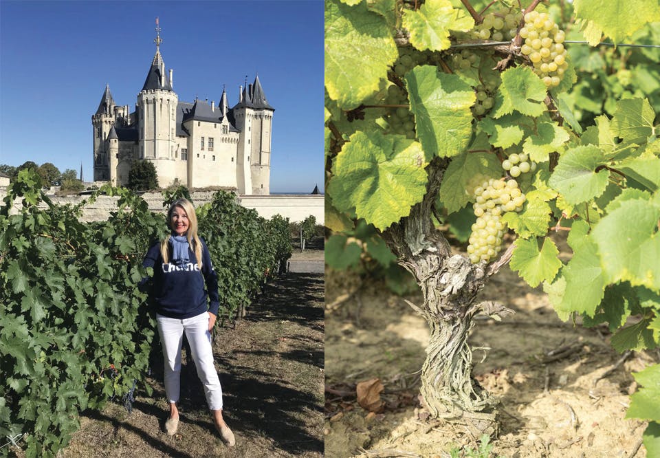 Taras vinekspert og sommelier Gunnhild Bjørnsti foran et slott i Loiredalen muscadet melon de bourgogne drue hvitvin