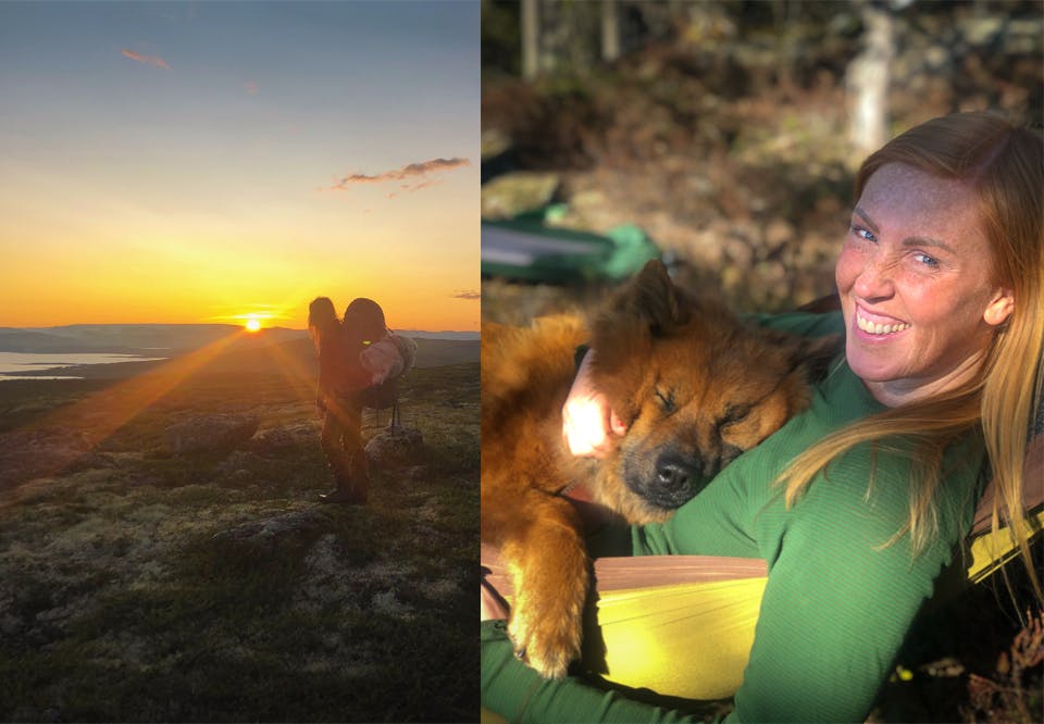Solnedgang på vidda og årets turjente Bodil Dorothea Gilje i hengekøye med Ronja